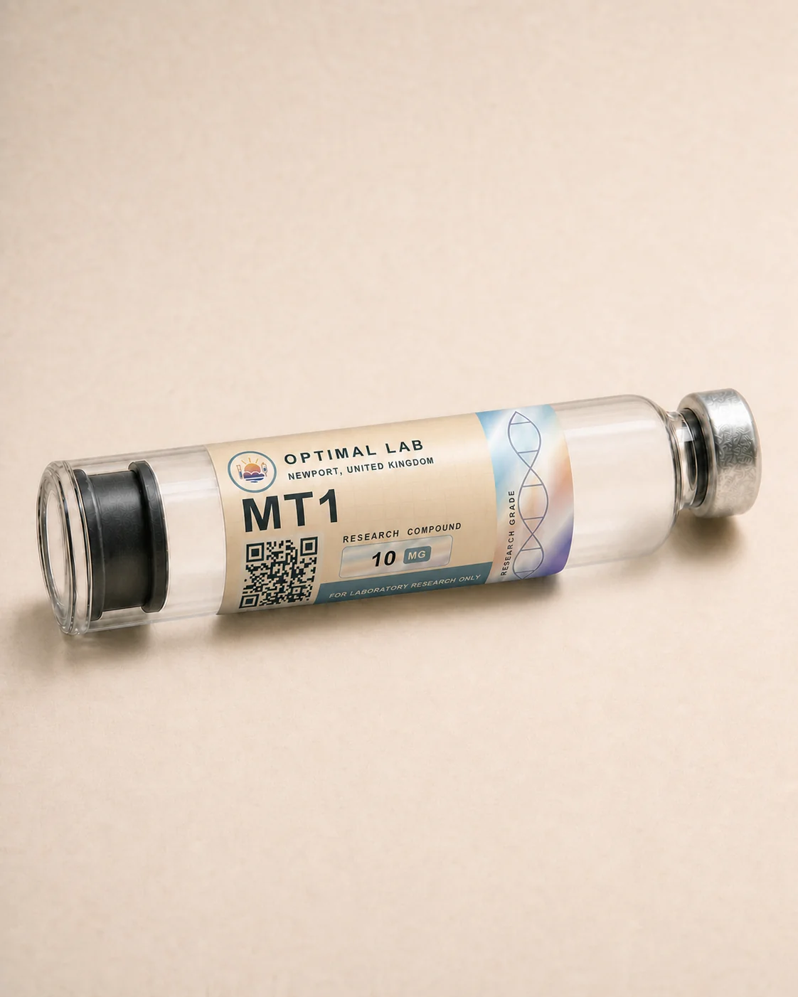 Optimal Lab 3ml research cartridge loaded with Melanotan-1 (MT1), in its case