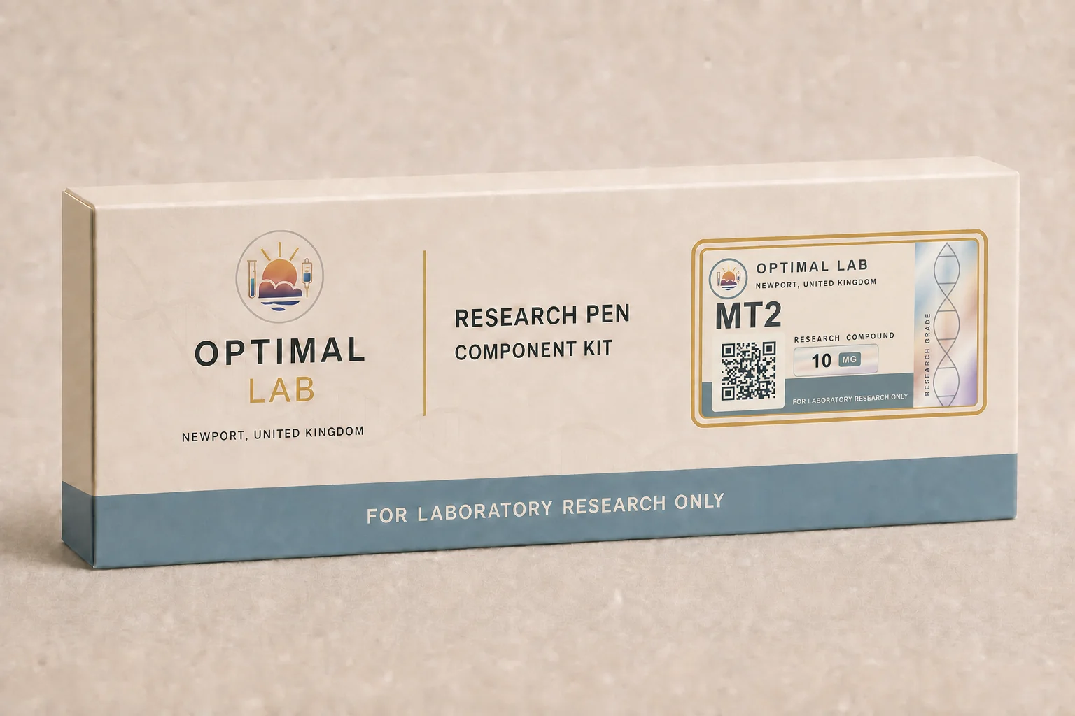 Optimal Lab refillable research pen loaded with Melanotan-2 (MT2), in its presentation box