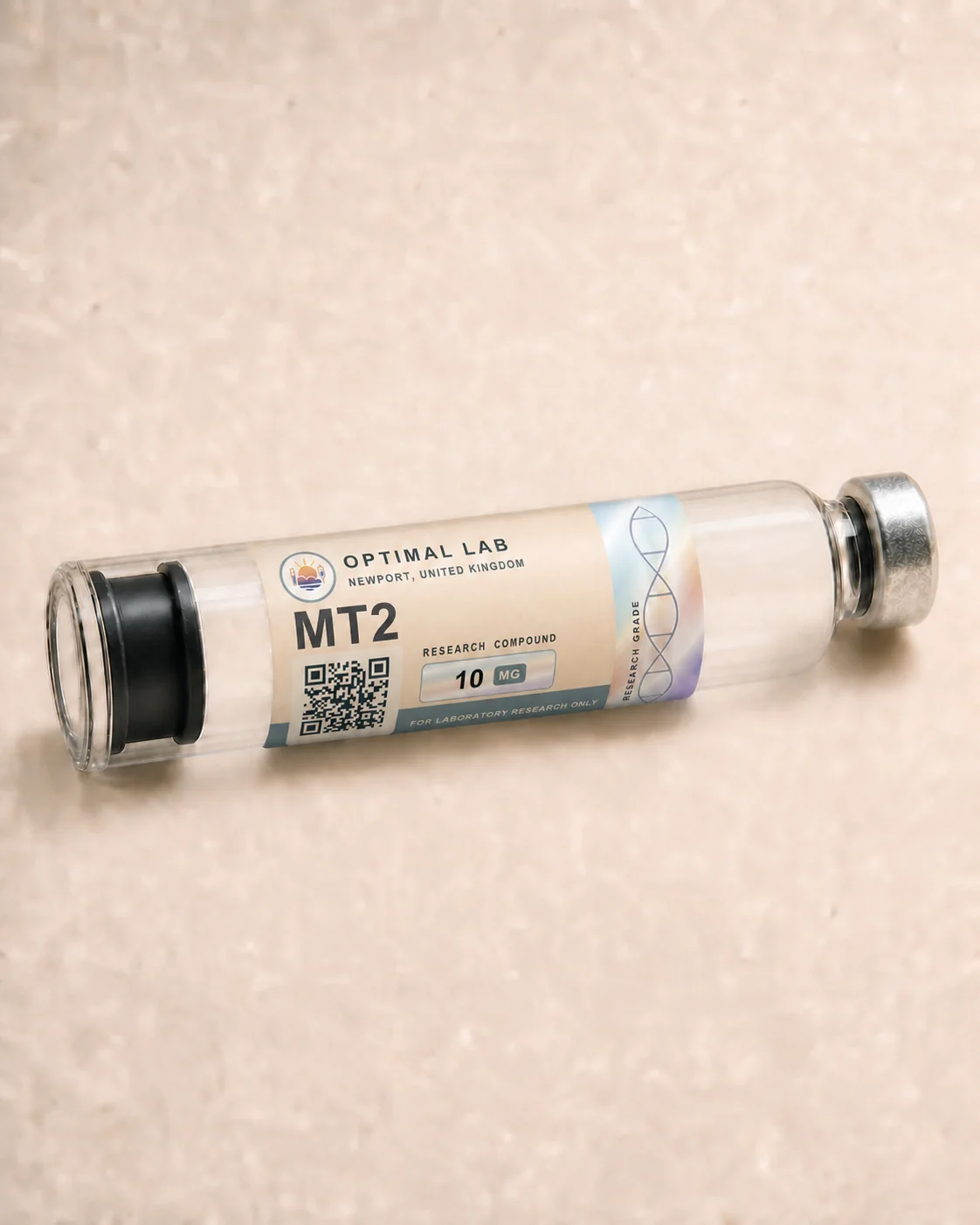 Optimal Lab 3ml research cartridge loaded with Melanotan-2 (MT2), in its case
