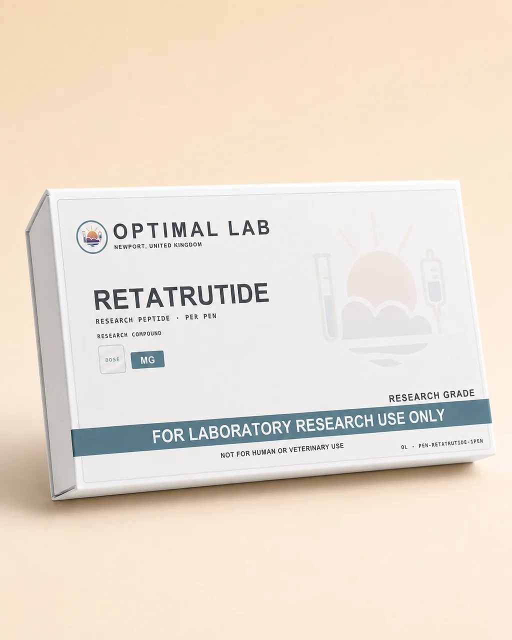 Refillable injection pen pre-filled with a Retatrutide cartridge, with adjustable dosing dial and Optimal Lab cream-stripe label
