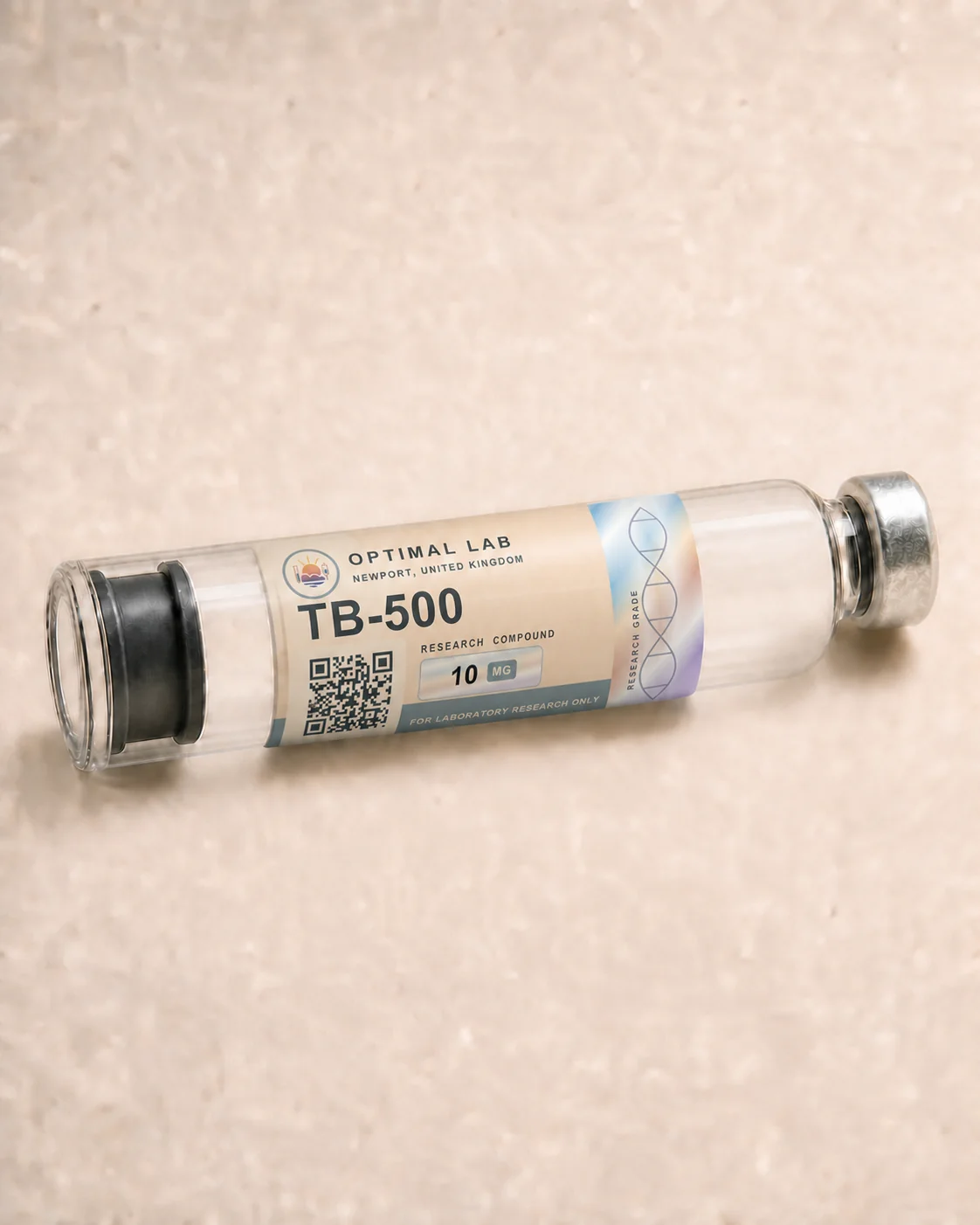 Optimal Lab 3ml research cartridge loaded with TB-500, in its case