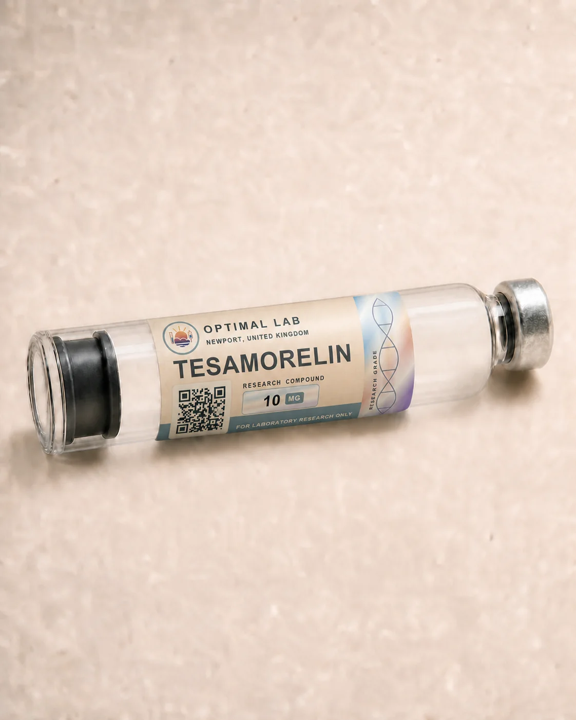 Optimal Lab 3ml research cartridge loaded with Tesamorelin, in its case