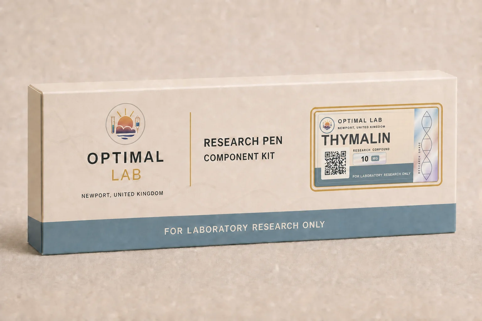 Optimal Lab refillable research pen loaded with Thymalin, in its presentation box