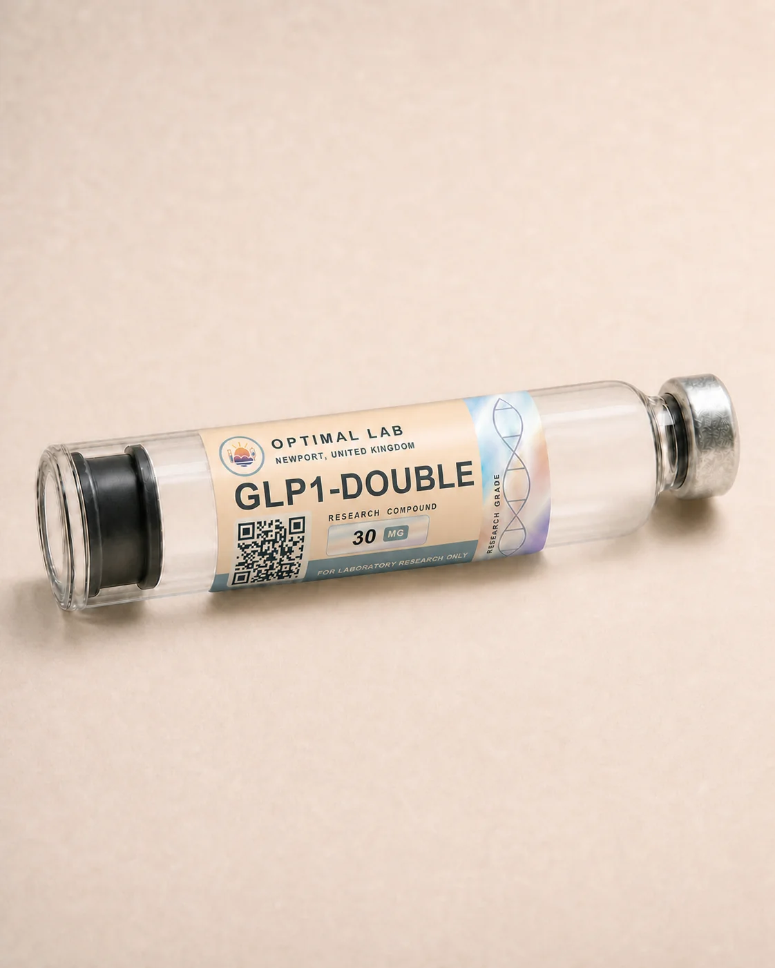 Optimal Lab 3ml research cartridge loaded with GLP1-DOUBLE, in its case
