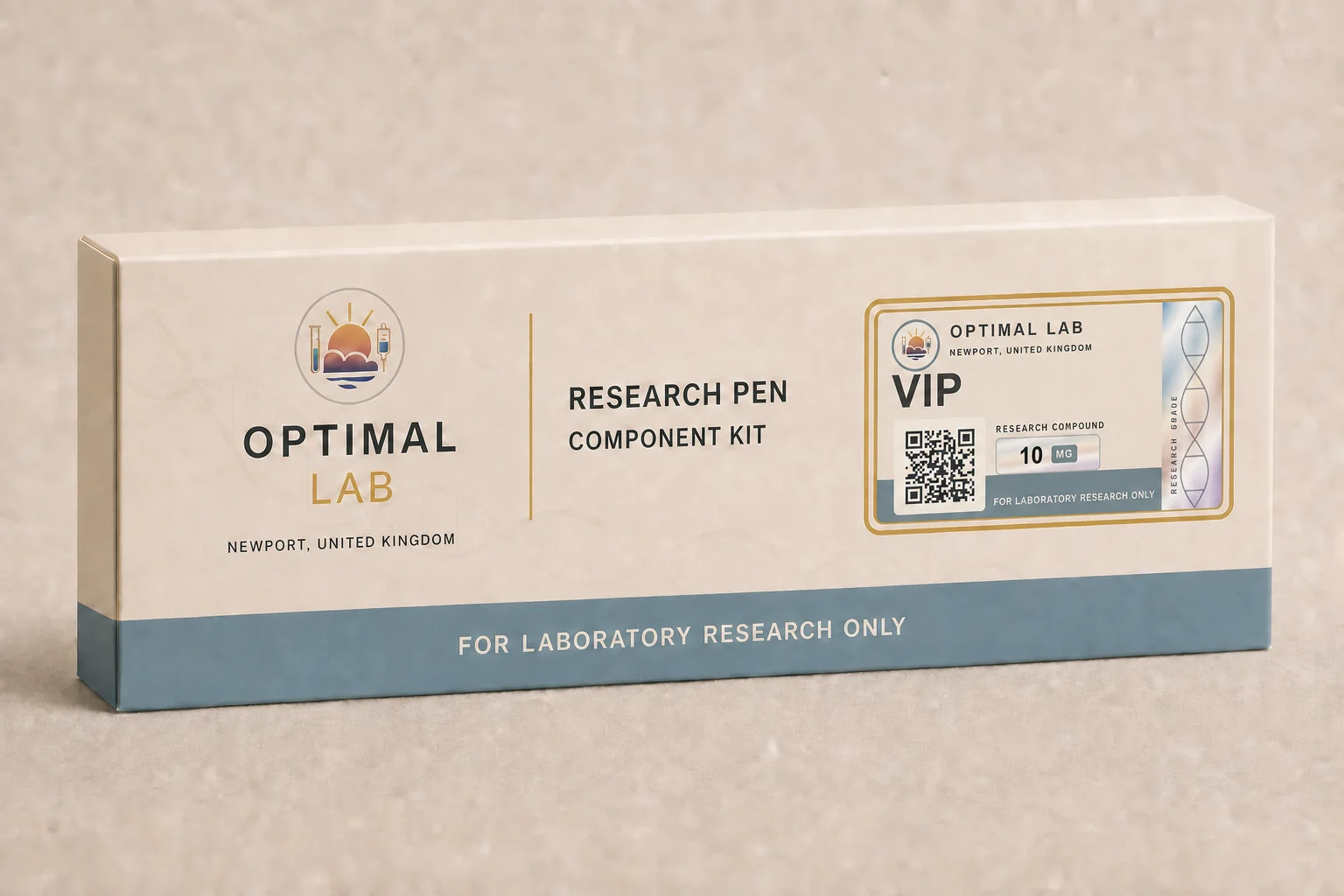 Optimal Lab refillable research pen loaded with VIP (Vasoactive Intestinal Peptide), in its presentation box
