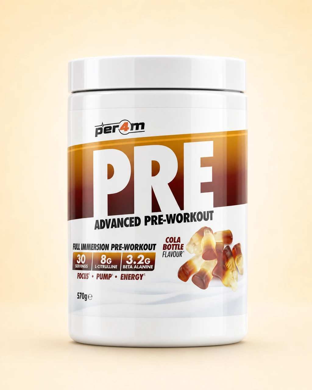 PER4M PRE Advanced Pre-Workout tub, Cola Bottle flavour, 570g
