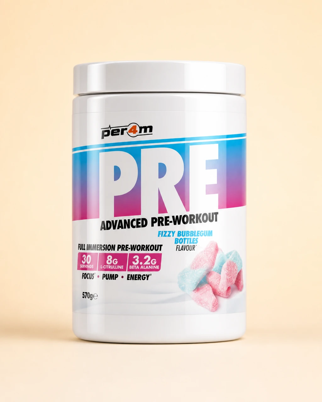 PER4M PRE Advanced Pre-Workout tub, Fizzy Bubblegum Bottles flavour, 570g