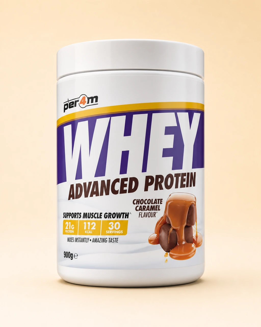 PER4M WHEY Advanced Protein tub, Chocolate Caramel flavour, 900g