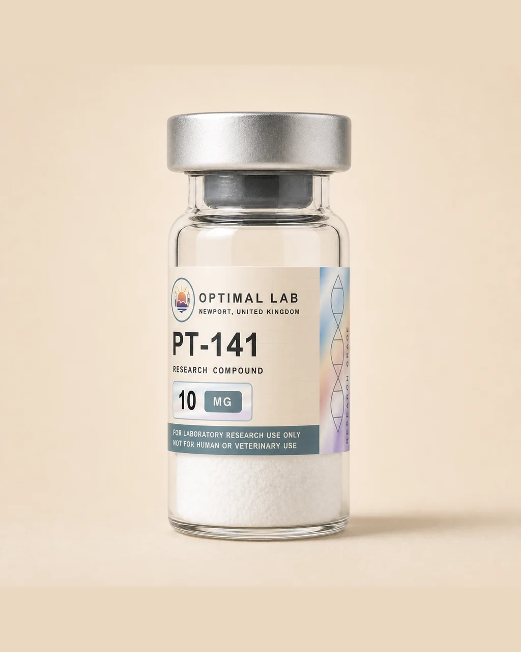 Amber-glass lyophilised vial of PT-141 (Bremelanotide) with white flip-cap and Optimal Lab cream-stripe label
