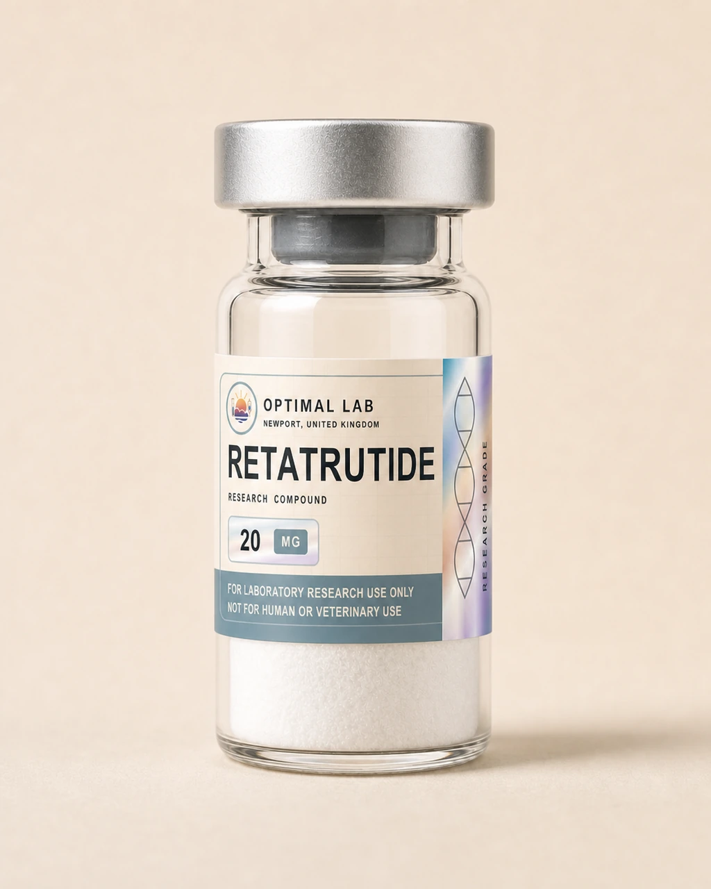 Amber-glass lyophilised vial of Retatrutide, 20mg, with white flip-cap and Optimal Lab cream-stripe label
