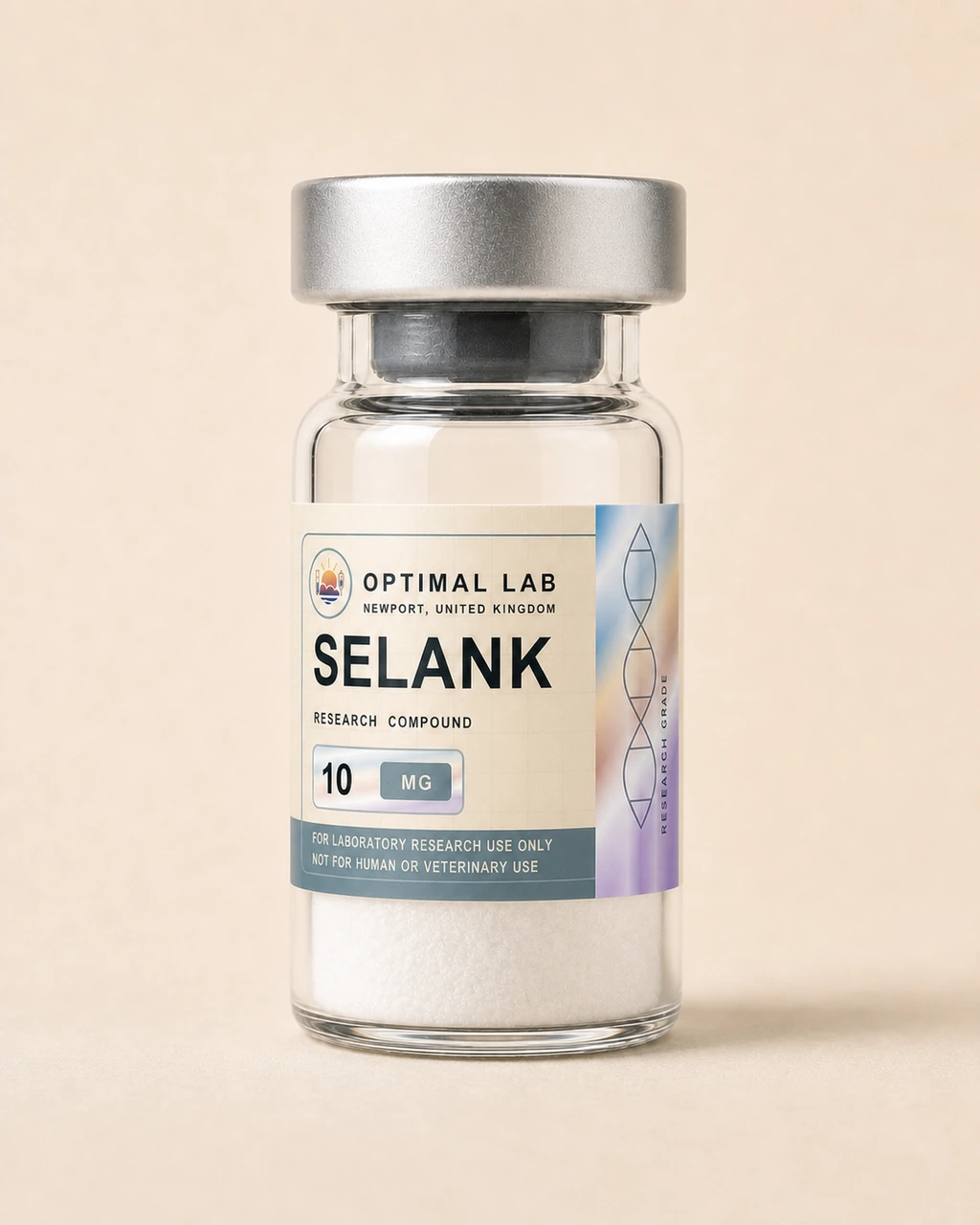 Amber-glass lyophilised vial of Selank with white flip-cap and Optimal Lab cream-stripe label