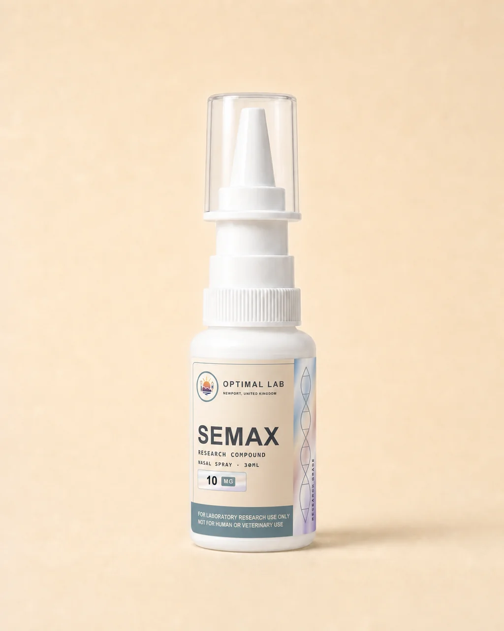 Amber-glass nasal spray bottle of Semax, 10mg, with white pump-mist applicator and Optimal Lab cream-stripe label