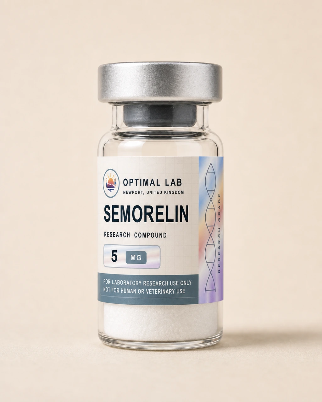 Amber-glass lyophilised vial of Semorelin with white flip-cap and Optimal Lab cream-stripe label