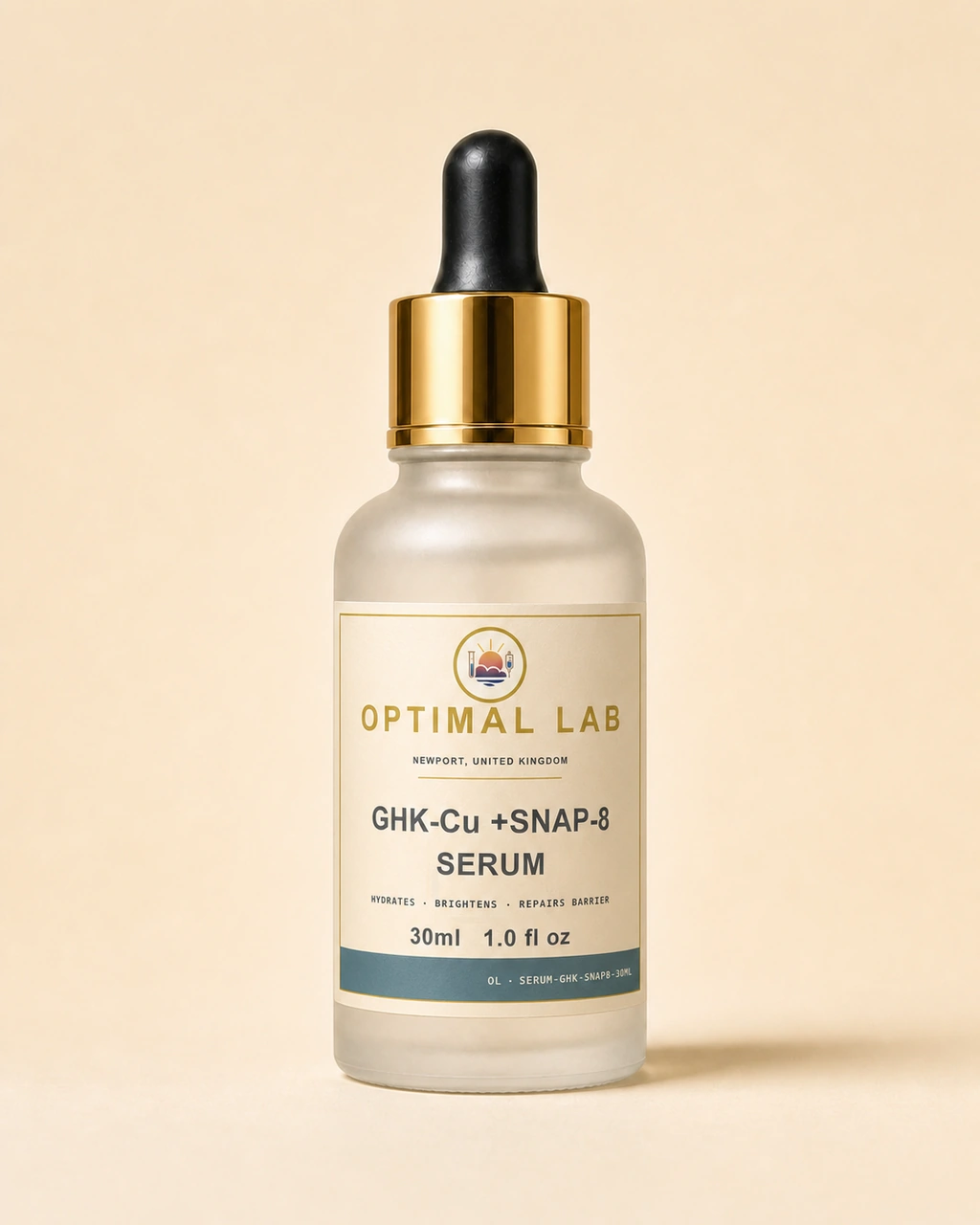 Amber-glass dropper bottle of GHK-Cu + SNAP-8 essence serum, 30ml, with pipette cap and Optimal Lab cream-stripe label