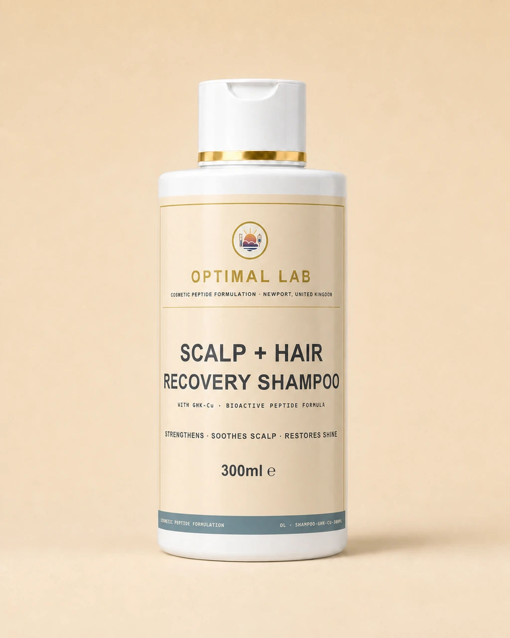 Pump-top shampoo bottle of GHK-Cu Shampoo, 300ml, with Optimal Lab cream-stripe label