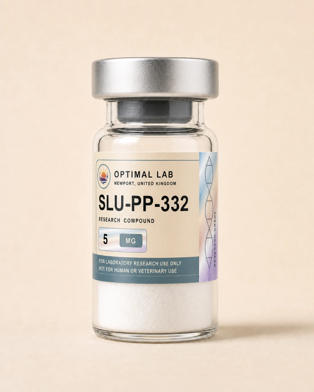 Amber-glass lyophilised vial of SLU-PP-332 (Injectable) with white flip-cap and Optimal Lab cream-stripe label