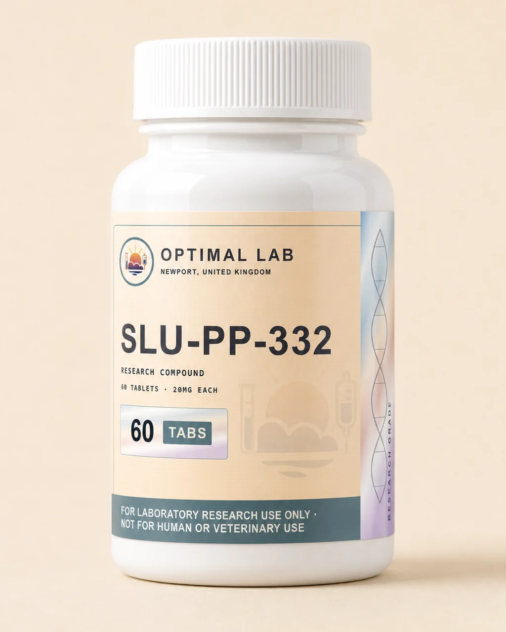 Amber-glass tablet bottle of SLU-PP-332, 60 × 20mg oral research tablets, with Optimal Lab cream-stripe label