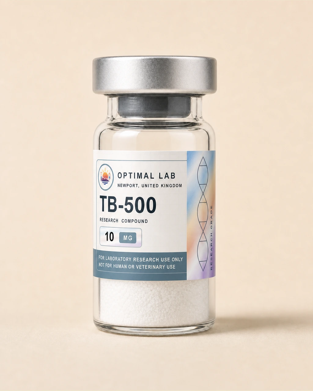 Amber-glass lyophilised vial of TB-500 with white flip-cap and Optimal Lab cream-stripe label
