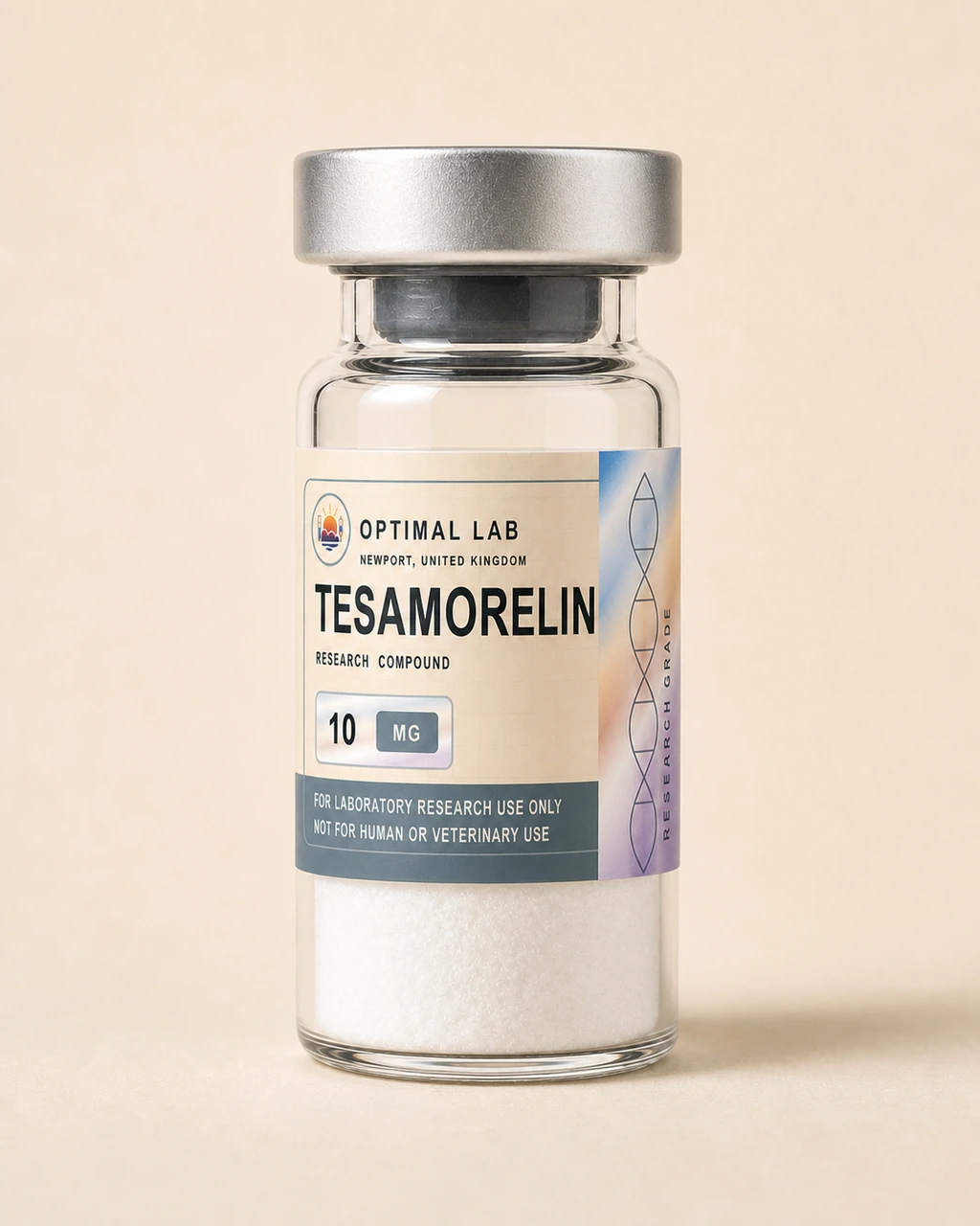 Amber-glass lyophilised vial of Tesamorelin with white flip-cap and Optimal Lab cream-stripe label