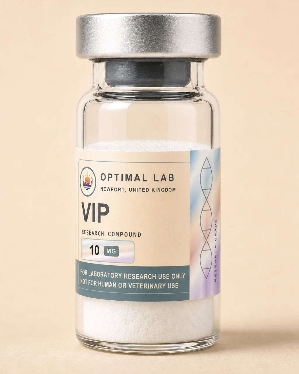 Amber-glass lyophilised vial of VIP (Vasoactive Intestinal Peptide) with white flip-cap and Optimal Lab cream-stripe label