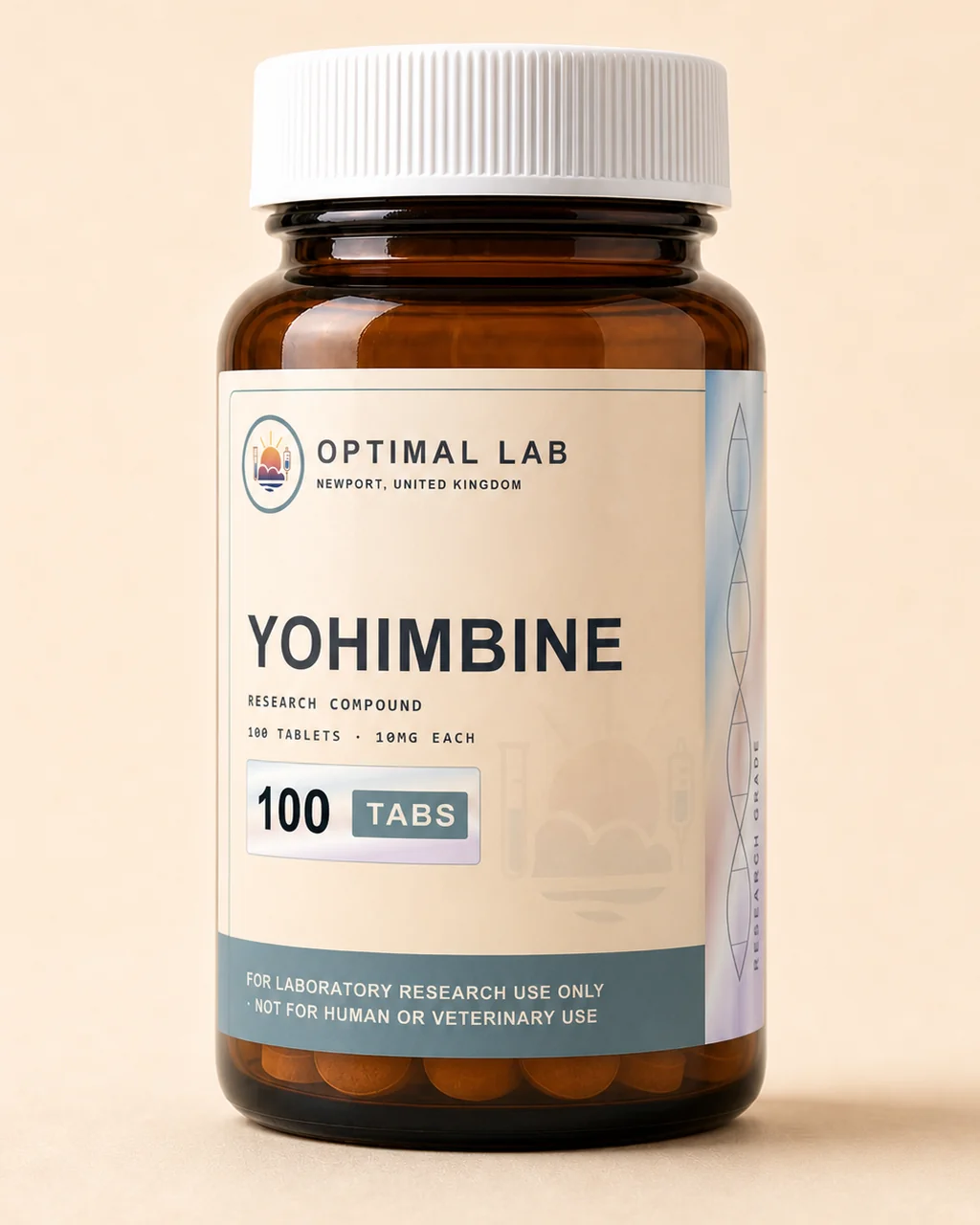 Amber-glass tablet bottle of Yohimbine, 100 × 10mg oral research tablets, with Optimal Lab cream-stripe label